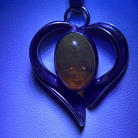 Vintage Baltic Amber Heart Pendant Necklace Sterling Silver 925 17” Chain - Picture 7 of 15